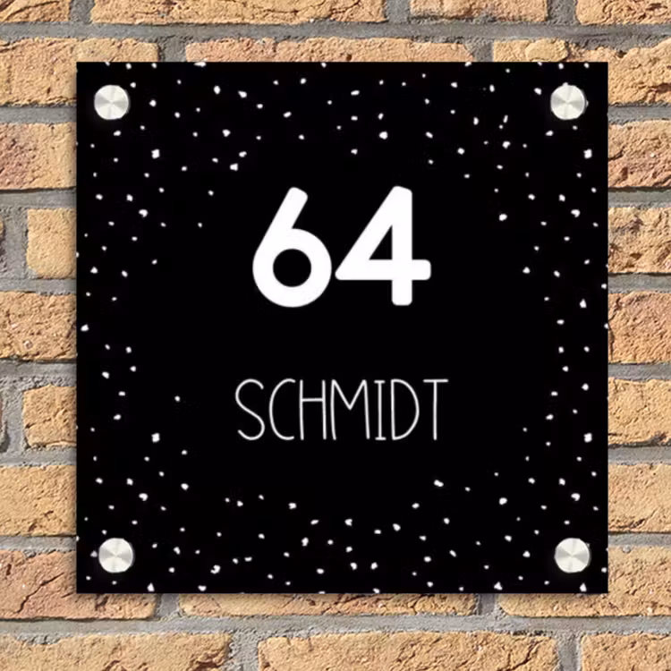 Zwart met stippen - Modern Naambord Vierkant klein -sfeer1