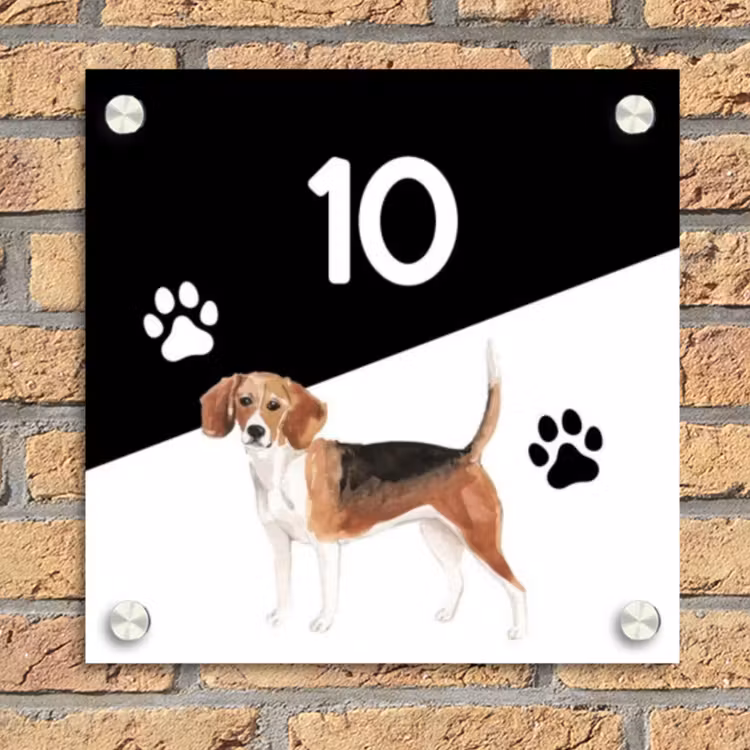 Zwart wit - Huisdier - Beagle Naambord Vierkant klein -sfeer1