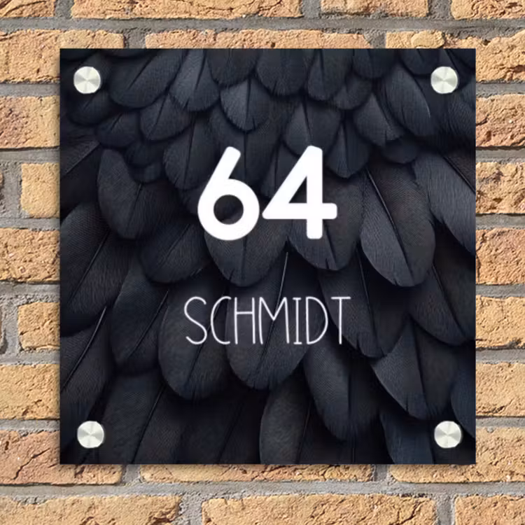 Zwarte veren - Modern Naambord Vierkant klein -sfeer1