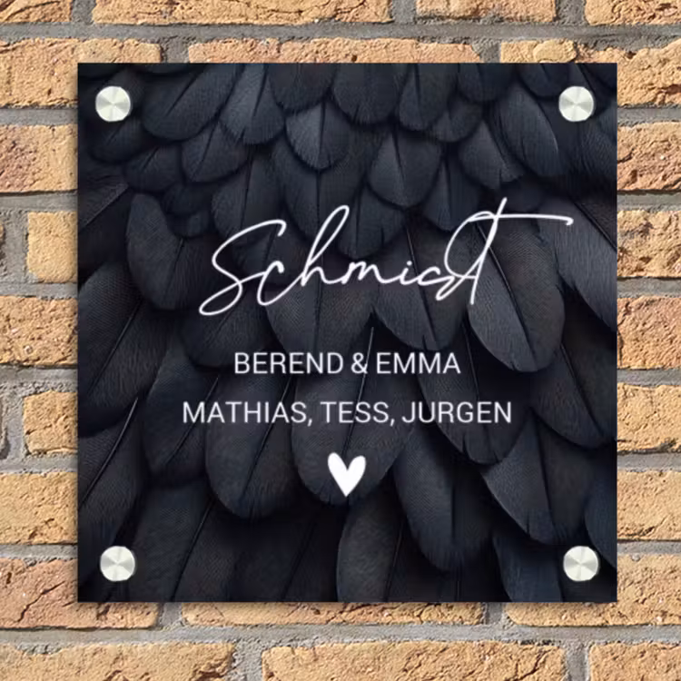Zwarte veren - Sierlijk Naambord Vierkant klein -sfeer1