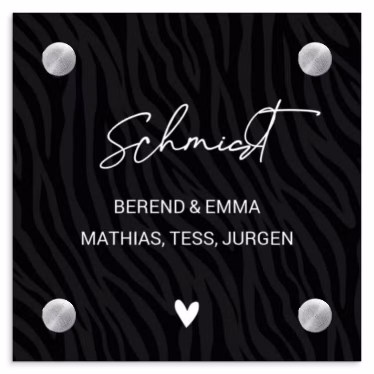Zwart zebraprint - Sierlijk Naambord Vierkant klein -3d