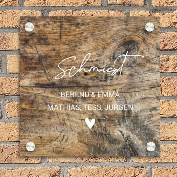 Verweerd hout - Sierlijk Naambord Vierkant klein -sfeer1