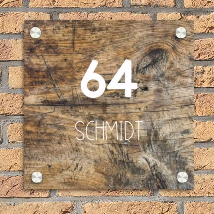 Verweerd hout - Modern Naambord Vierkant klein -sfeer1