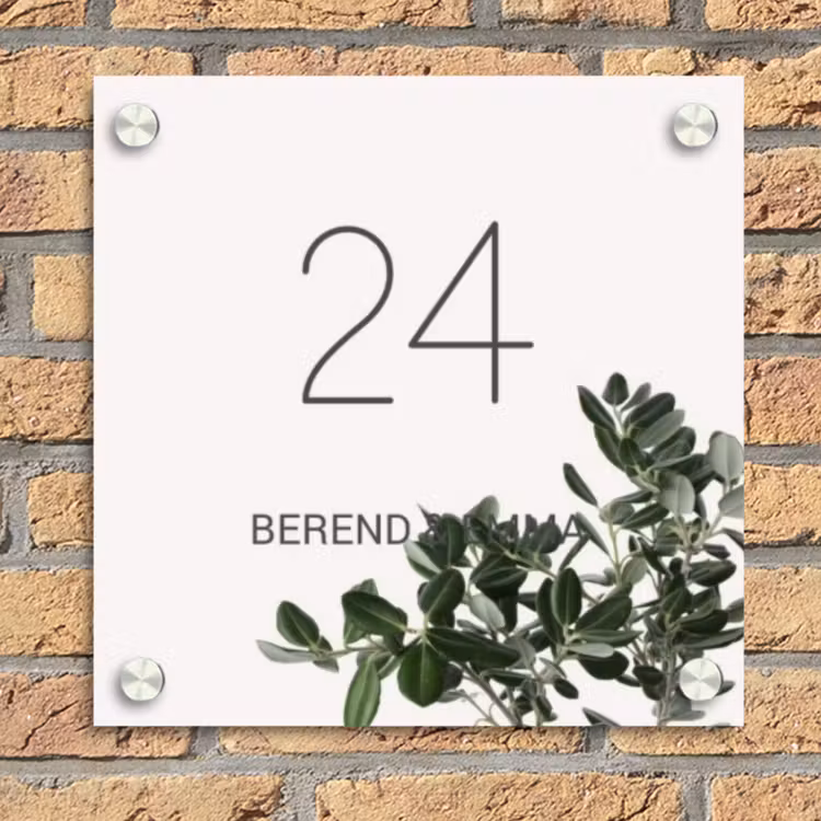 Wit met bladeren - Klassiek Naambord Vierkant klein -sfeer1