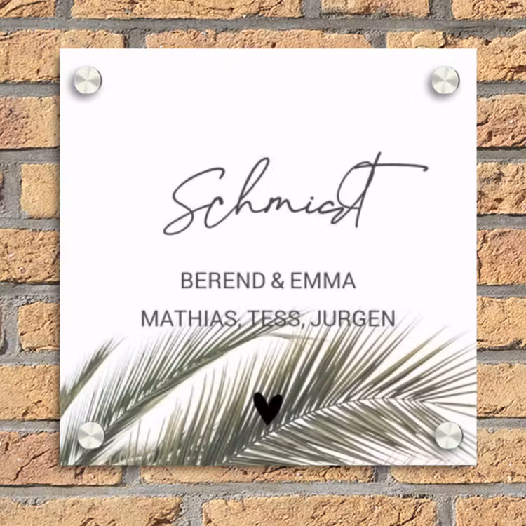 Wit met palmblad - Sierlijk Naambord Vierkant klein -sfeer1
