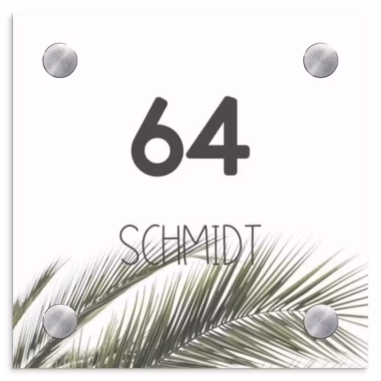 Wit met palmblad - Modern Naambord Vierkant klein -3d