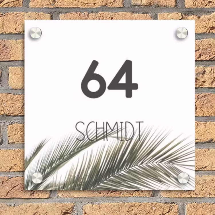 Wit met palmblad - Modern Naambord Vierkant klein -sfeer1
