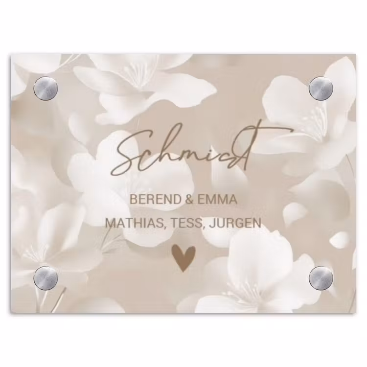 Beige bloemen - Sierlijk Naambord Rechthoek middel -3d
