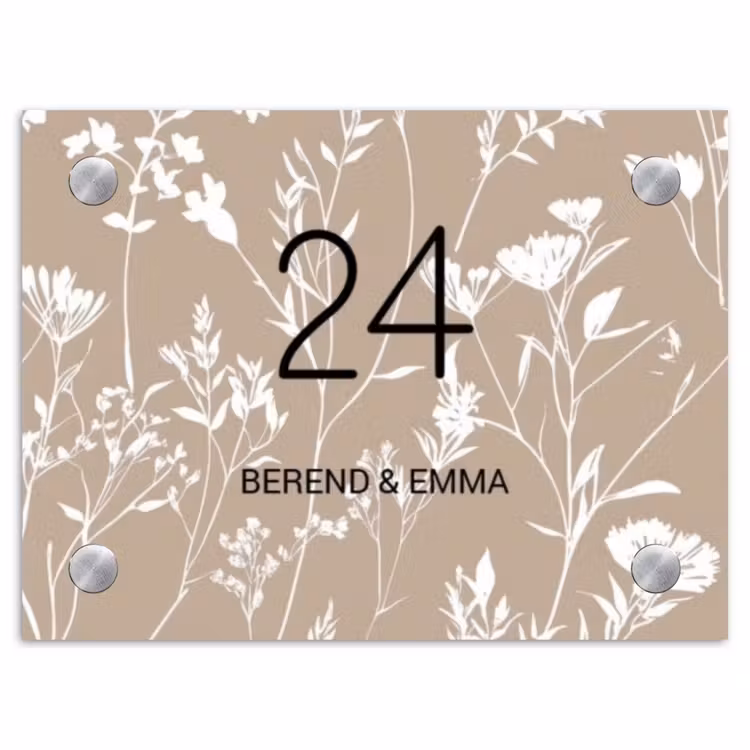 Beige bloemmotief - Klassiek Naambord Rechthoek middel -3d