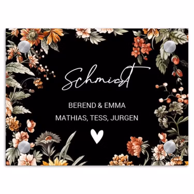 Bloemen - Zwart - Sierlijk Naambord Rechthoek middel -3d