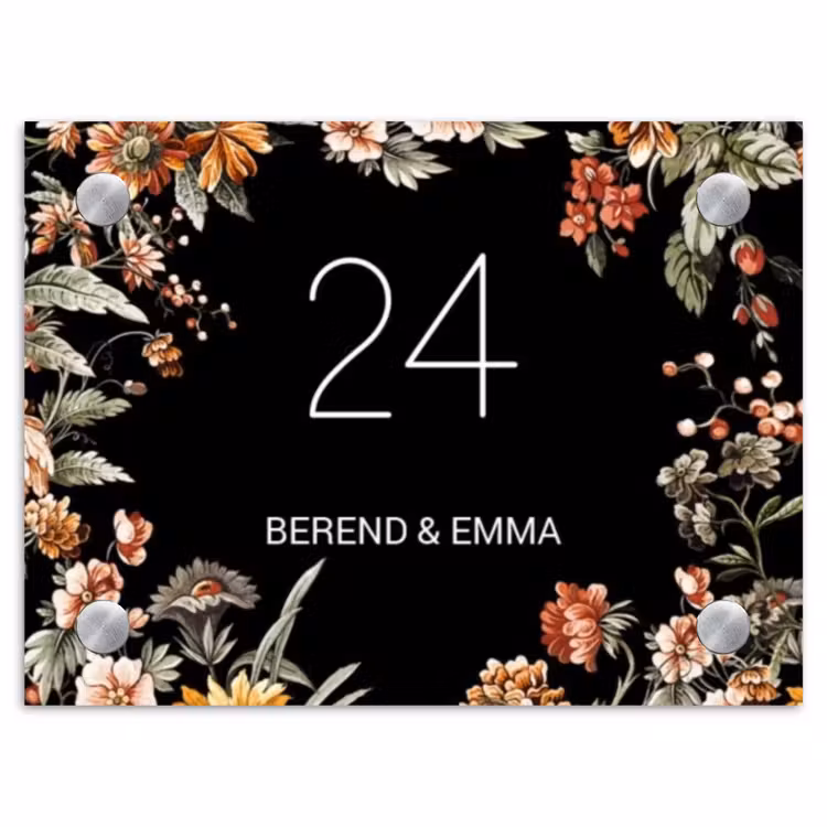 Bloemen - Zwart - Klassiek Naambord Rechthoek middel -3d