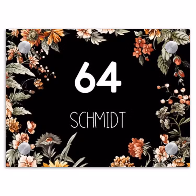 Bloemen - Zwart - Modern Naambord Rechthoek middel -3d