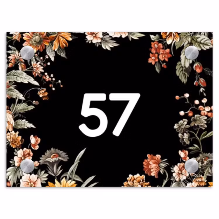 Bloemen - Zwart - Traditioneel Naambord Rechthoek middel -3d