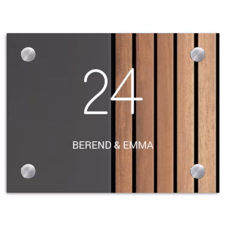Hout en antraciet - Klassiek Naambord Rechthoek middel -3d