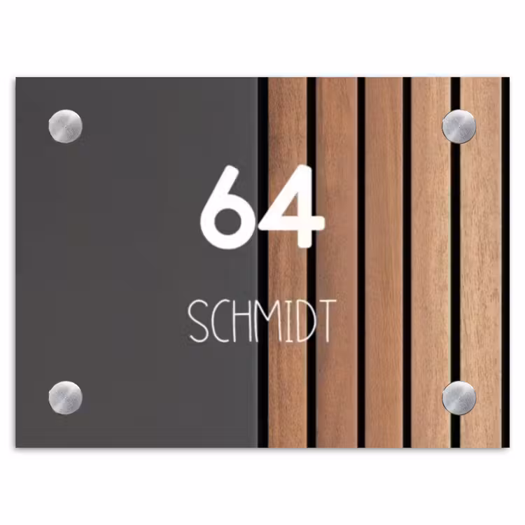 Hout en antraciet - Modern Naambord Rechthoek middel -3d