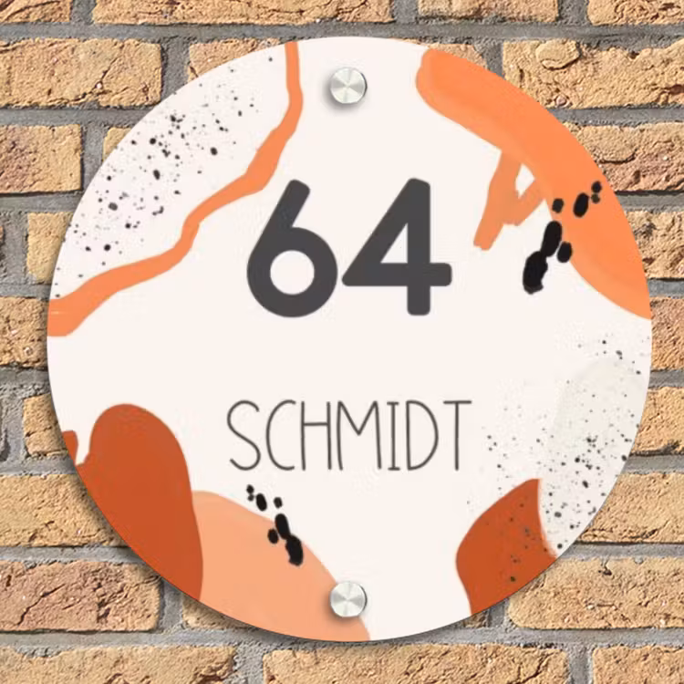 Abstract oranje - Modern Naambord Rond klein -sfeer1