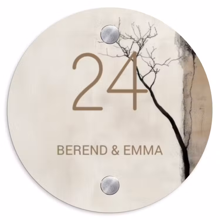 Boomsilhouet beige achtergrond - Klassiek Naambord Rond klein -3d