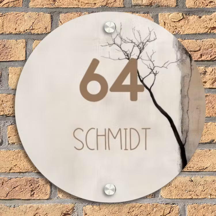 Boomsilhouet beige achtergrond - Modern Naambord Rond klein -sfeer1