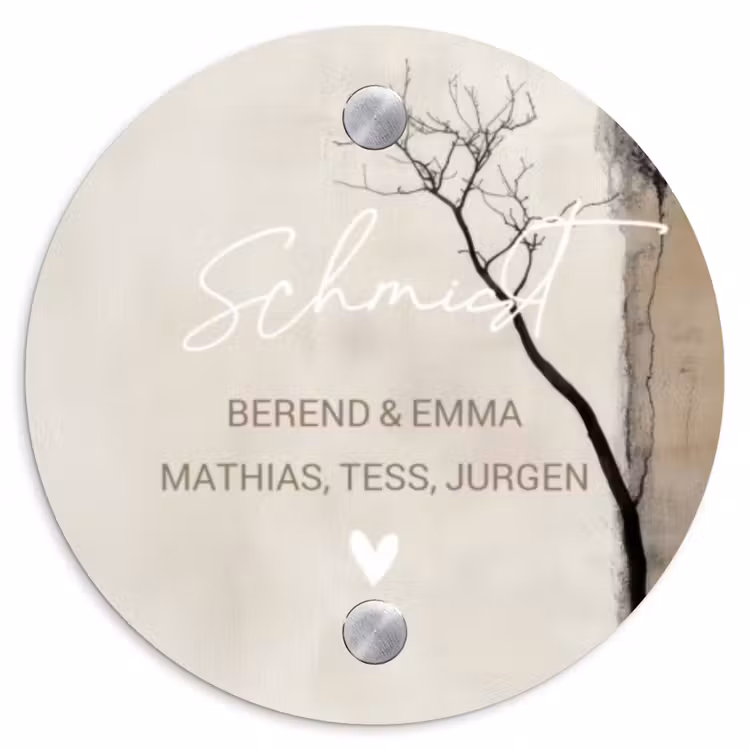 Boomsilhouet beige achtergrond - Sierlijk Naambord Rond klein -3d