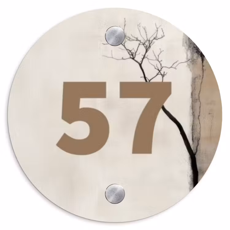 Boomsilhouet beige achtergrond - Traditioneel Naambord Rond klein -3d
