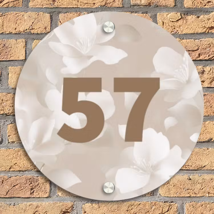 Beigefarbene Blumen - Traditionell Naambord Rond klein -sfeer1