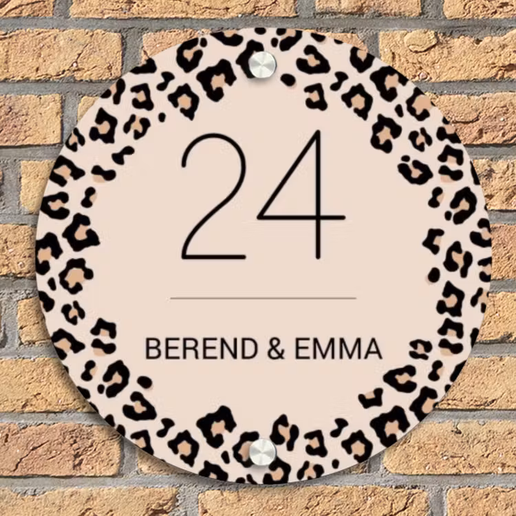 Beige luipaardprint - Klassiek Naambord Rond klein -sfeer1
