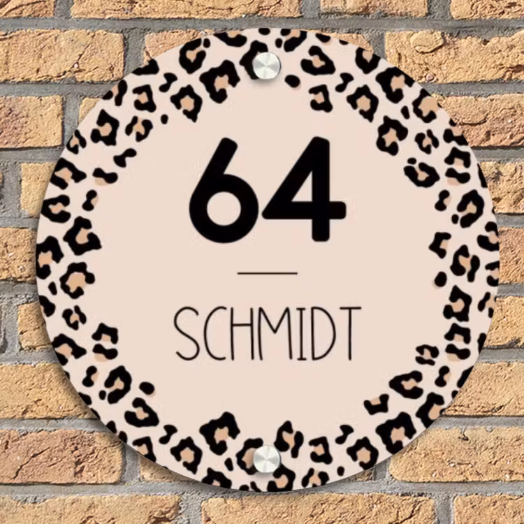 Beige luipaardprint - Modern Naambord Rond klein -sfeer1
