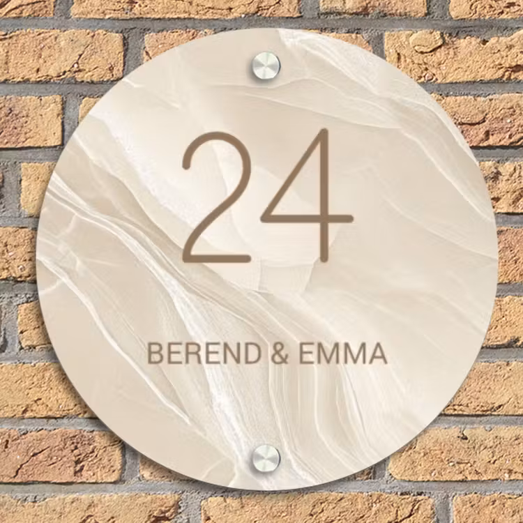Beige - Marmer - Klassiek Naambord Rond klein -sfeer1