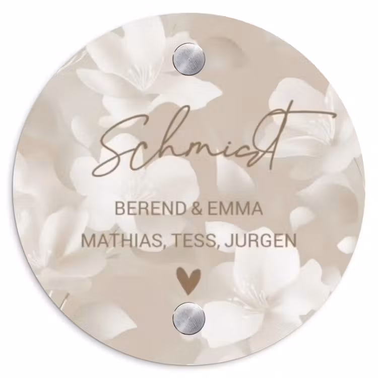 Beigefarbene Blumen - Elegant Naambord Rond klein -3d