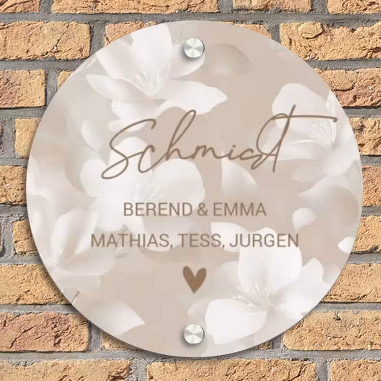 Beigefarbene Blumen - Elegant Naambord Rond klein -sfeer1