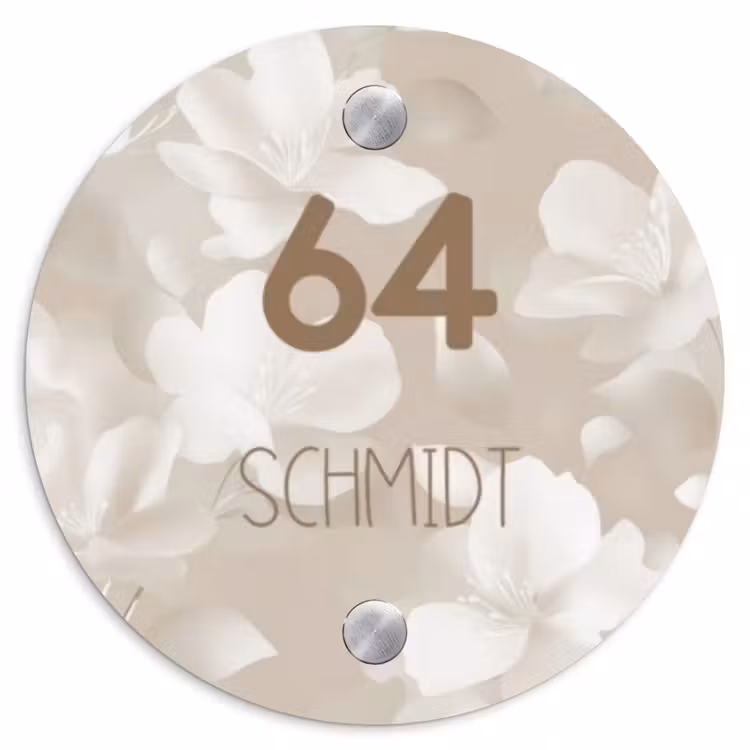 Beigefarbene Blumen - Modern Naambord Rond klein -3d