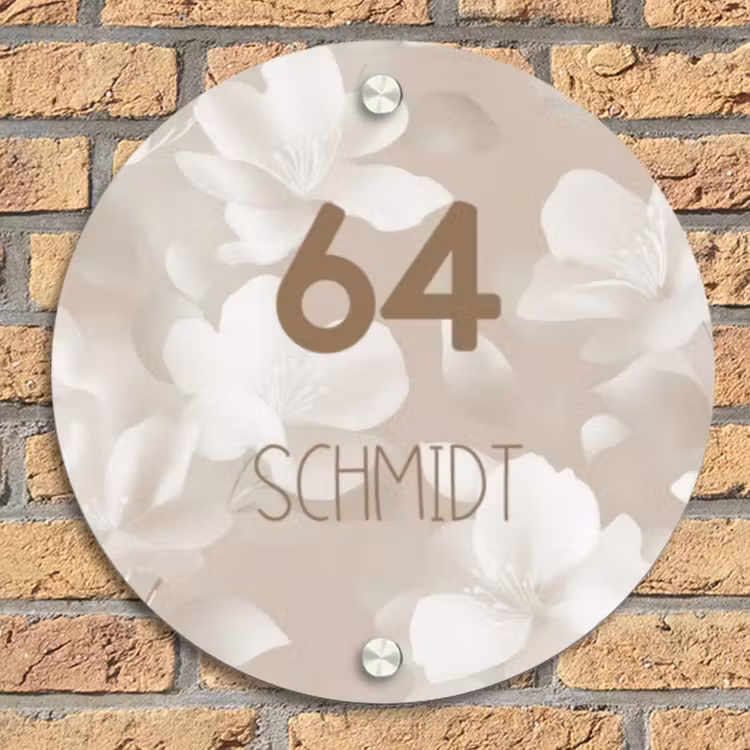 Beigefarbene Blumen - Modern Naambord Rond klein -sfeer1