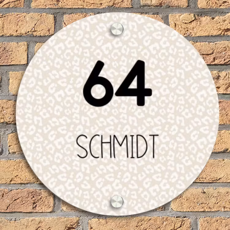 Beige panterprint - Modern Naambord Rond klein -sfeer1