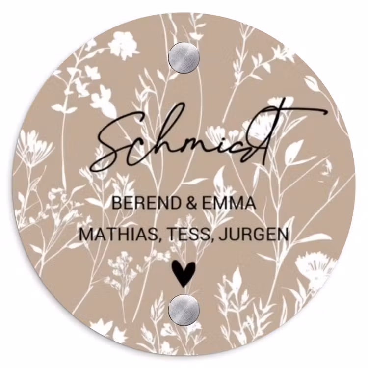 Beiges Blumenmuster - Elegant Naambord Rond klein -3d