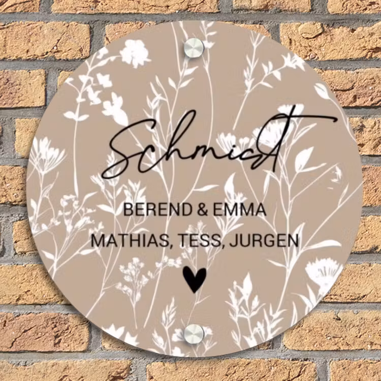 Beiges Blumenmuster - Elegant Naambord Rond klein -sfeer1