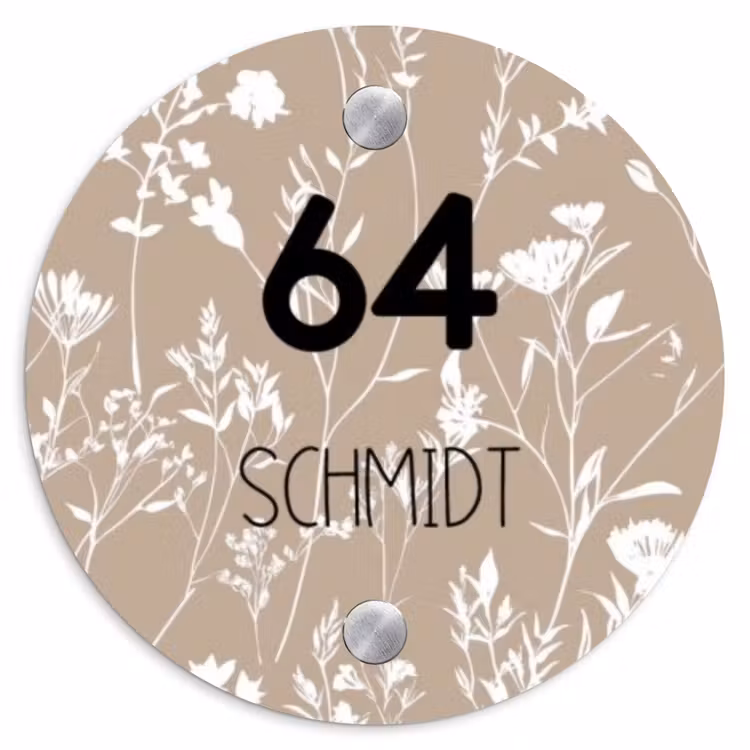 Beiges Blumenmuster - Modern Naambord Rond klein -3d