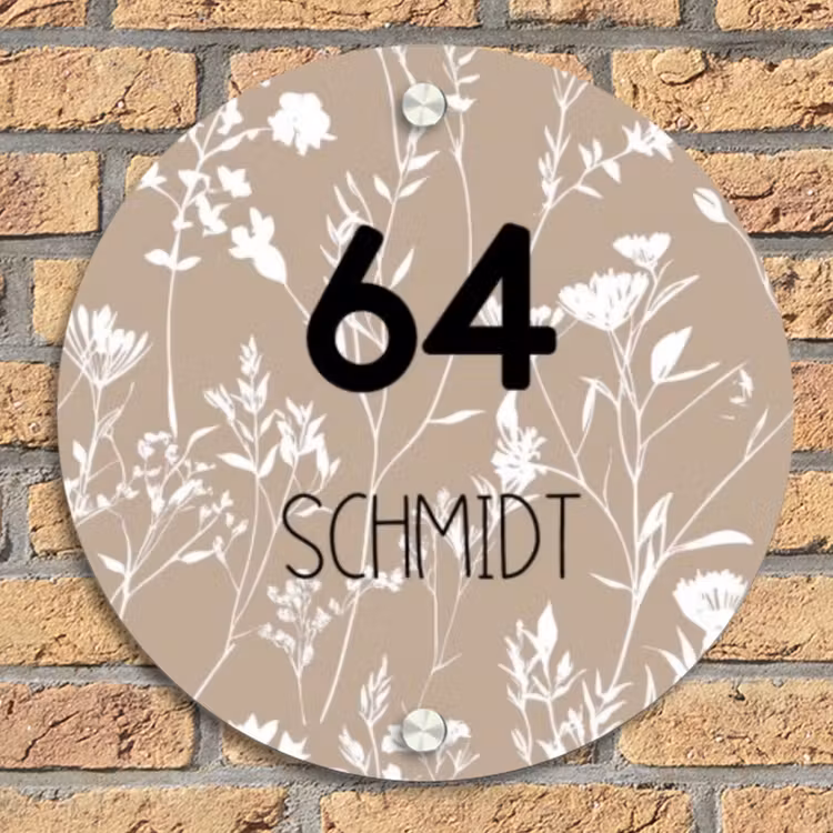 Beiges Blumenmuster - Modern Naambord Rond klein -sfeer1