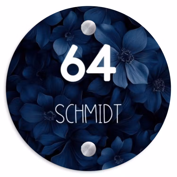 Blauwe bloemen - Modern Naambord Rond klein -3d