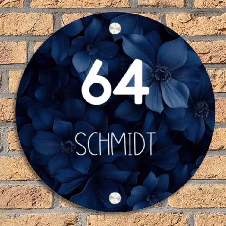 Blauwe bloemen - Modern Naambord Rond klein -sfeer1