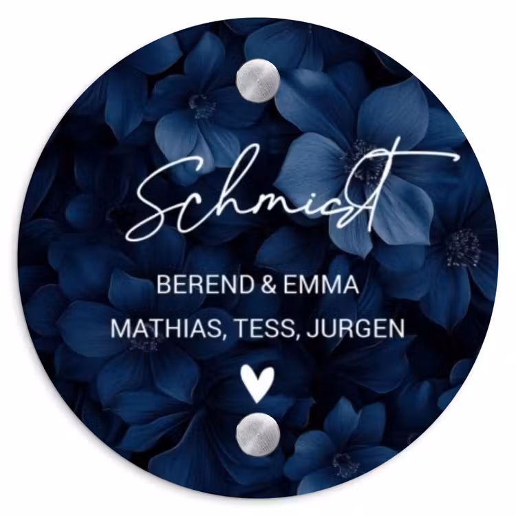 Blauwe bloemen - Sierlijk Naambord Rond klein -3d