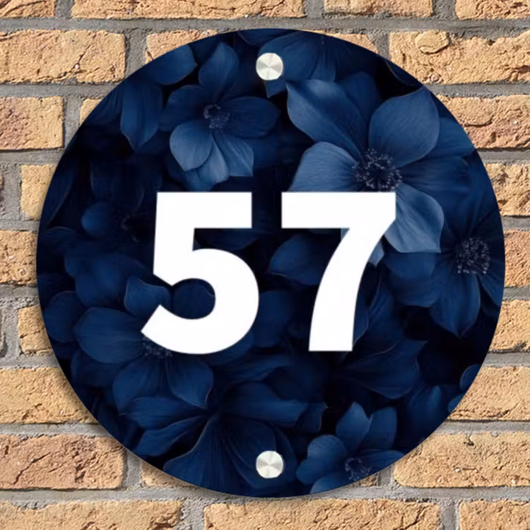 Blauwe bloemen - Traditioneel Naambord Rond klein -sfeer1