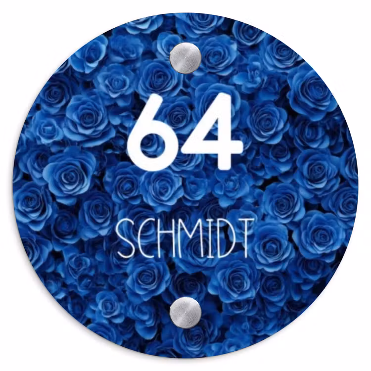 Blauwe rozen - Modern Naambord Rond klein -3d