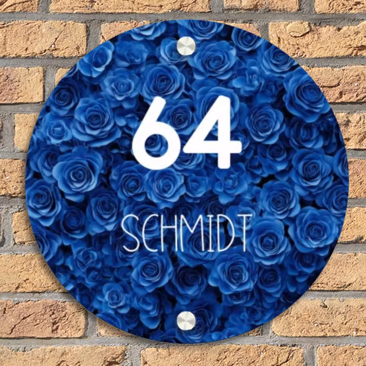 Blauwe rozen - Modern Naambord Rond klein -sfeer1