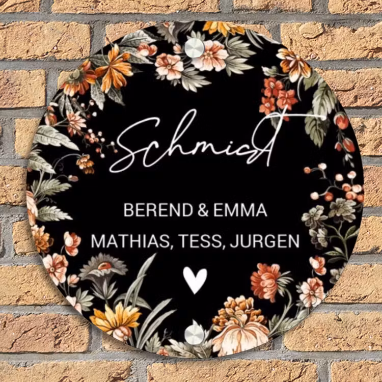 Bloemen - Zwart - Sierlijk Naambord Rond klein -sfeer1