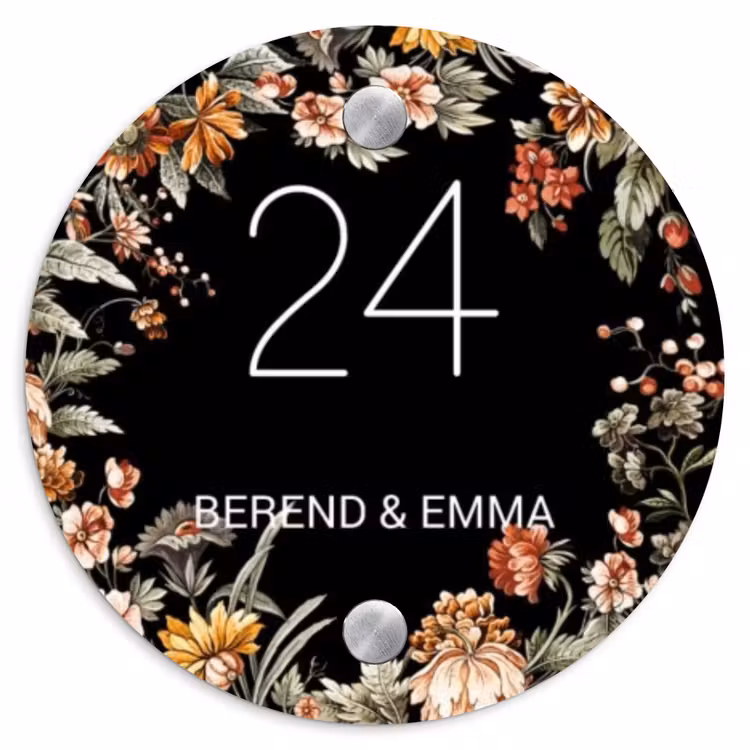 Bloemen - Zwart - Klassiek Naambord Rond klein -3d