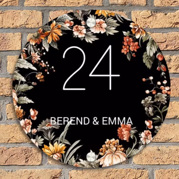 Bloemen - Zwart - Klassiek Naambord Rond klein -sfeer1