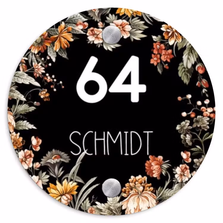 Bloemen - Zwart - Modern Naambord Rond klein -3d