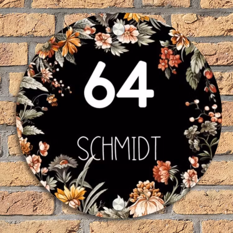 Bloemen - Zwart - Modern Naambord Rond klein -sfeer1