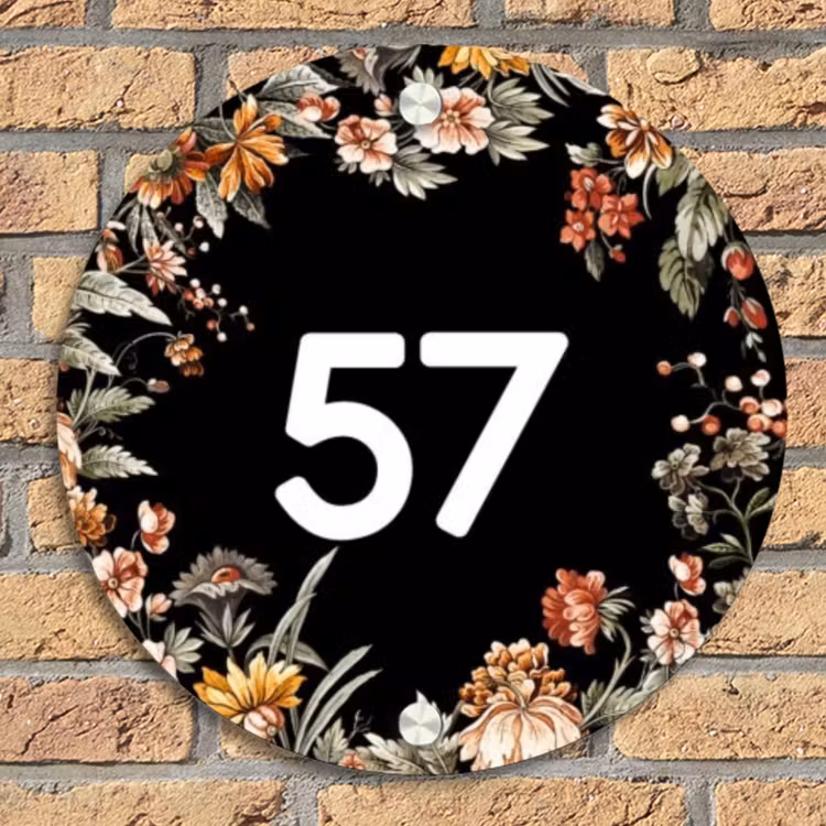 Bloemen - Zwart - Traditioneel Naambord Rond klein -sfeer1