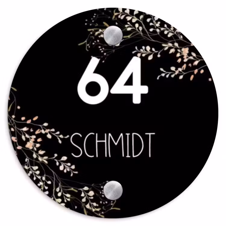 Botanisch - Zwart - Modern Naambord Rond klein -3d